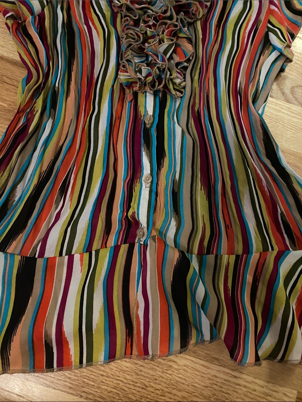 Multistripe Ruffle-Trim Button Front Blouse - Picture 3 of 5